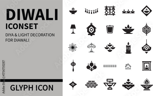 Glyph icon of a diya lamp and light decoration for diwali isolated on white background