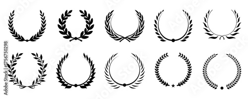 Collection of decorative laurel wreath and victory emblems provides an elegant design element for creating classic logos, awards, and formal graphics.
