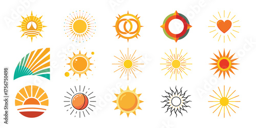 Collection of diverse stylized sun icons and symbols representing warmth light and energy