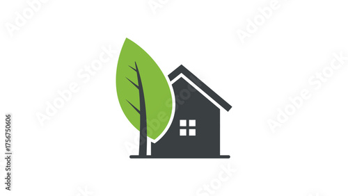 Flat vector simple house with a leaf roof, green and charcoal on pure white background , eco-home design concept.