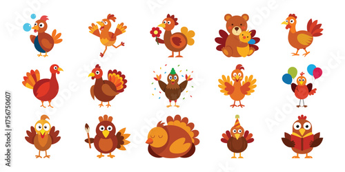 Collection of cute cartoon turkeys and a bear celebrating thanksgiving with party hats and balloons