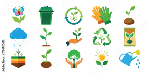 Collection of icons representing environmental protection and sustainable living concepts