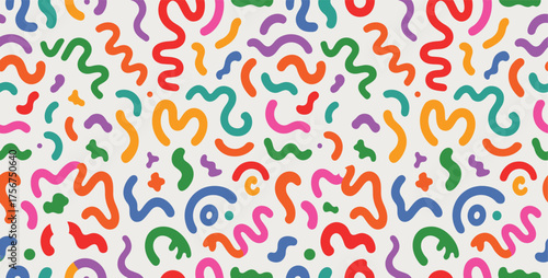 Vibrant Seamless Pattern of Wavy and Curvy Shapes Keywords: pattern, seamless, wavy, curvy, shapes, colorful, vibrant, background, texture, design