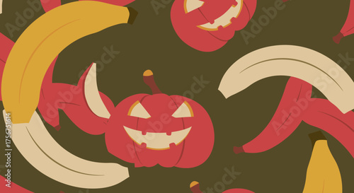 This whimsical graphic pattern features grinning red jack-o'-lanterns and scattered banana peels on a dark green background, perfect for autumn celebrations.
