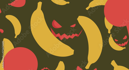 A vibrant, unsettling pattern displays yellow bananas and red shapes with spooky, grinning faces, creating a unique and eerie Halloween-themed background design.