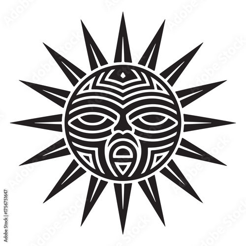 Tribal sun symbol with fierce face and radiating sharp rays emblem silhouette