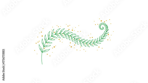 Minimal vector of a single fern leaf unfolding with tiny golden dots along its curve, symbolizing nature’s quiet rebirth, on a clean white background.