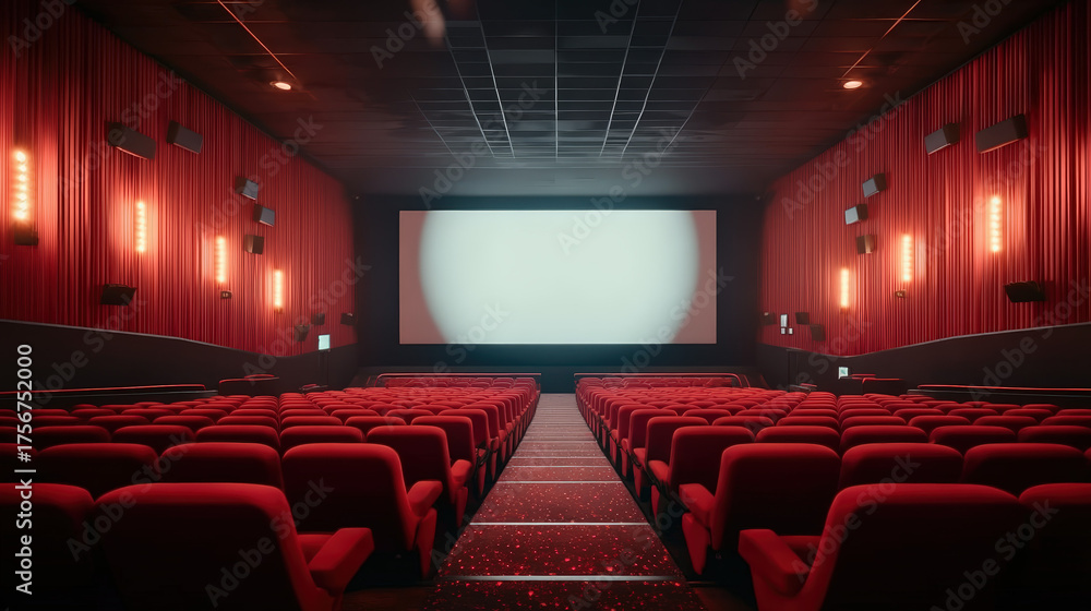 Fototapeta premium Interior Wide Angle Empty Movie Theater with Red Seats Perspective. Ai Generated Images