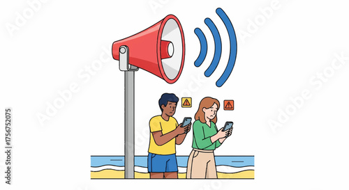 A couple on their smartphones ignore a loud megaphone alert, a vector graphic concept illustrating digital distraction and social media addiction