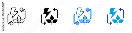 Renewable Growth Multiple Style Icon Design Vector - Lightning bolt and growing plant with arrows representing renewable energy and eco-friendly growth