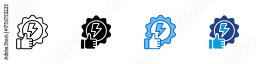 Certified Power Service Multiple Style Icon Design Vector - Thumbs up symbol with a lightning badge representing certified, approved, or guaranteed electrical power service quality