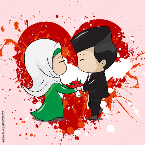 Cute Muslim Wedding Couple Illustration - Islamic Bride and Groom with Heart Background