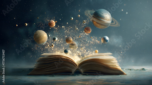 Fototapeta Naklejka Na Ścianę i Meble -  An open book with planets and stars floating above it against a space background. An educational banner background illustration for children.