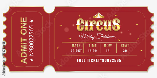 Holiday vector ticket for "Christmas Circus"! Vintage style, red gold, space for show information. Perfect for an invitation!