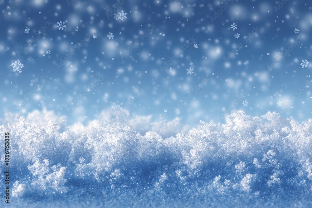 Obraz premium Winter wonderland featuring a blue background with falling snowflakes and a blanket of fresh snow covering the ground in a serene and tranquil atmosphere