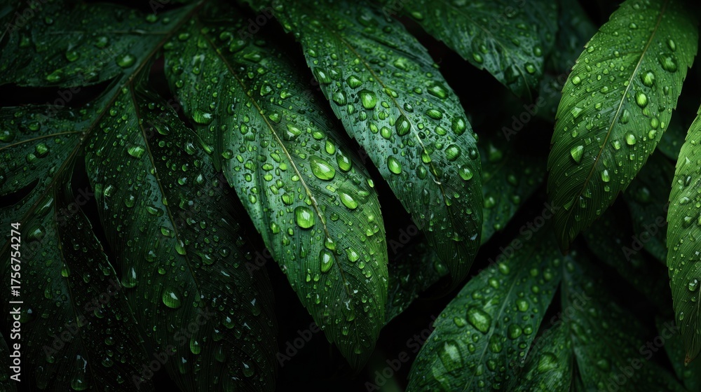 Fototapeta premium Close-Up of Lush Green Leaves with Water Droplets in Natural Light Setting. Banner, copy space