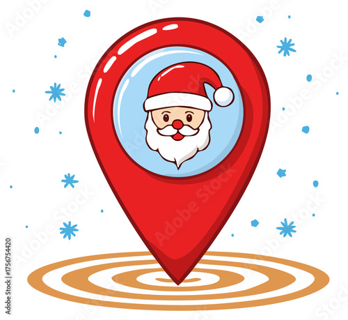 Cartoon Santa Claus in a red map pin for Christmas holiday destination and travel
