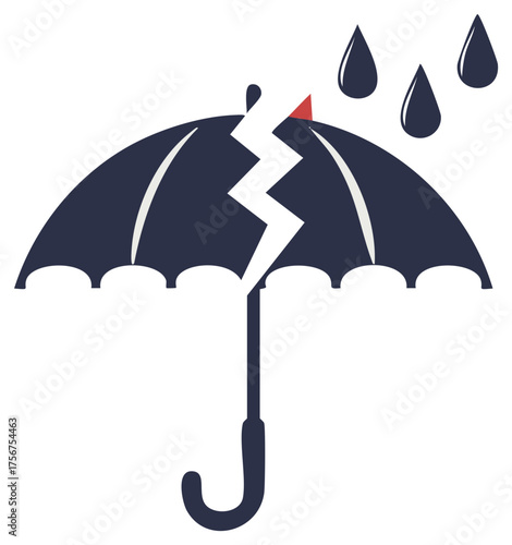 Broken umbrella, rain drops, damage and insurance concept for weather vulnerabilities. Vector Illustration