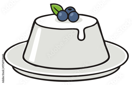 White Panna Cotta Dessert with Blueberries and Mint Leaf on Plate
