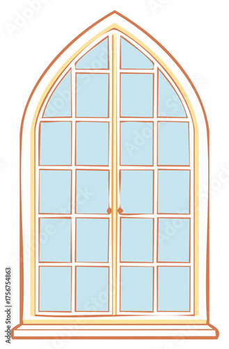 Arched window with multiple light blue glass panes featuring an elegant vintage frame illustration