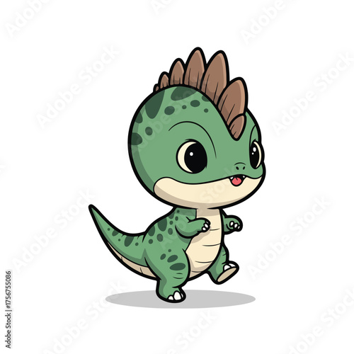 Cute green baby stegosaurus walking happily in a prehistoric land with a playful expression, creating a whimsical and cheerful atmosphere.