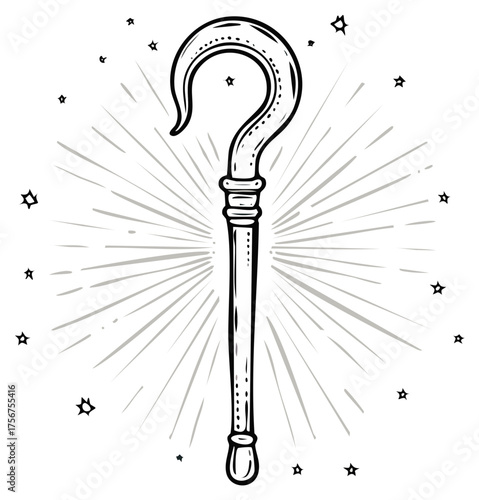 Hand Drawn Crook Stick with Stars and Radiating Lines. Magic Concept with walking sticks.