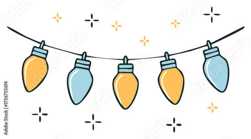 Festive Christmas lights garland in a cute hand drawn doodle style with sparkles