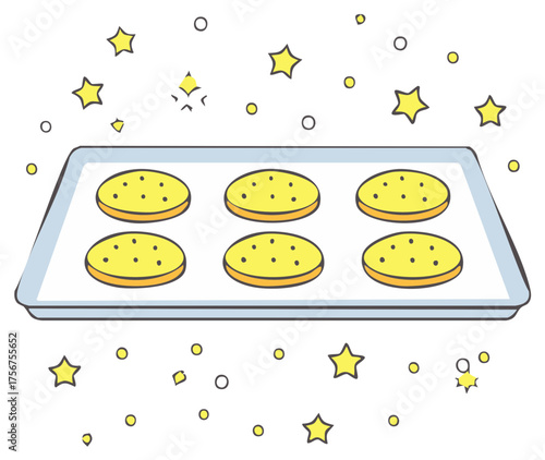 Cute cartoon illustration of freshly baked cookies on a baking tray with magical stars and sparkles