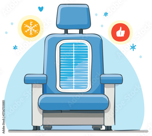 Blue cooling seat concept illustration with air conditioning and comfort icons