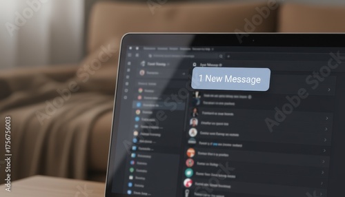 Digital Communication: A close-up view of a laptop screen displays a notification, signaling an incoming message, within a sleek dark mode interface.