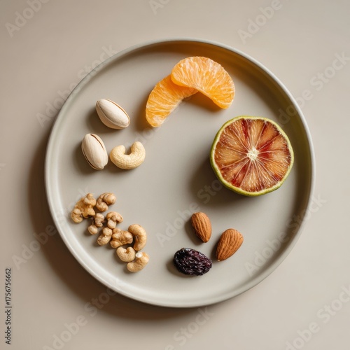 Colorful Plate with Nuts and Dried Fruits on Neutral Background