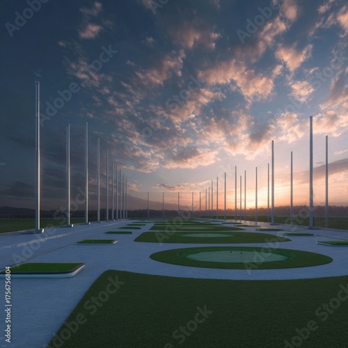 Stunning Golf Driving Range at Sunset with Sky and Clouds
