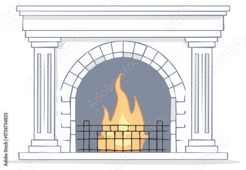 Elegant white fireplace with a glowing fire and protective grate