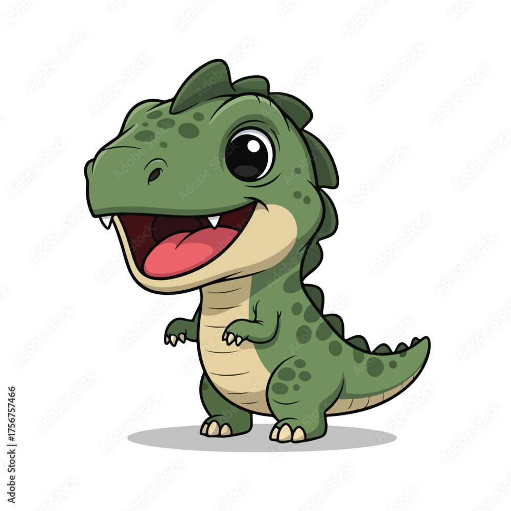 Fototapeta premium Cute green dinosaur smiling happily in a prehistoric jungle with vibrant colors and playful energy, creating a cheerful scene.