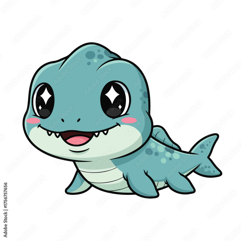 Obraz premium Cute baby mosasaurus smiles cheerfully, swimming underwater with tiny fins and big eyes, conveying a playful and adorable mood.
