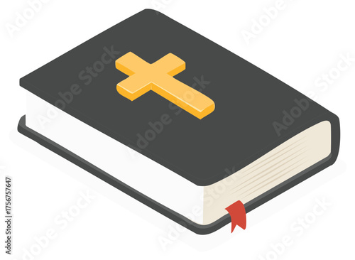 Isometric book with golden cross symbol for Christianity symbol on cover for religious studies and church concept