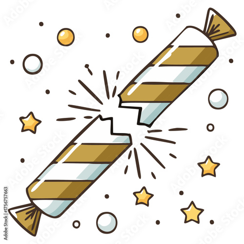 Cartoon striped sweet bonbon candy broken in half with stars and sparkles vector illustration