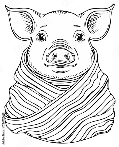 Cute baby piglet wrapped in a striped blanket black and white line art illustration