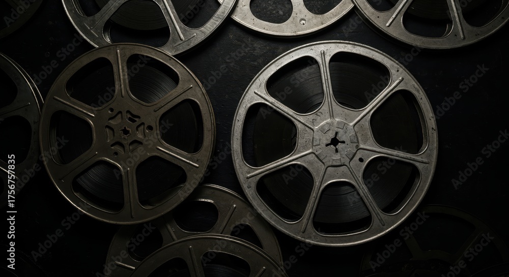 Obraz premium Vintage Film Reels: An evocative overhead shot captures the nostalgia of cinema, as a collection of weathered film reels lies scattered, each holding stories untold.