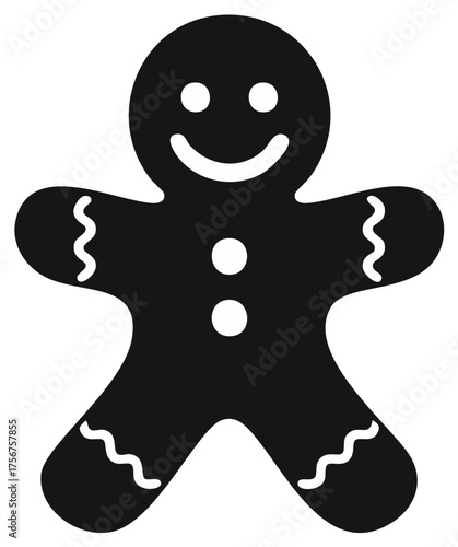 Black and White Gingerbread Man Silhouette with Smiling Face and Festive Details