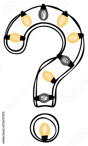 Illustrated question mark symbol formed by a string of lit and unlit light bulbs