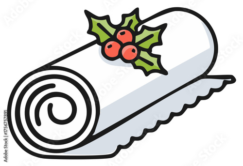 Cartoon style rolled tablecloth with holly berries. Decorative illustration for Christmas.