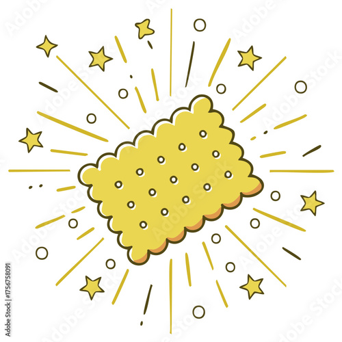 Cartoon illustration of a delicious cracker biscuit with a sparkling starburst effect
