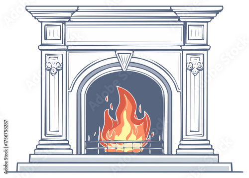 Elegant classic fireplace with a warm cozy fire burning on the hearth vector illustration