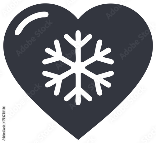 Heart shape icon with a snowflake graphic inside representing cold or winter