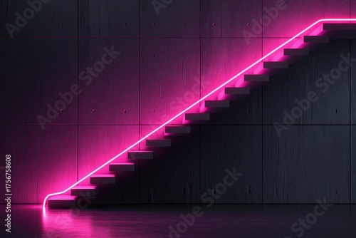 3d render of pink neon light line on black wall with staircase side view