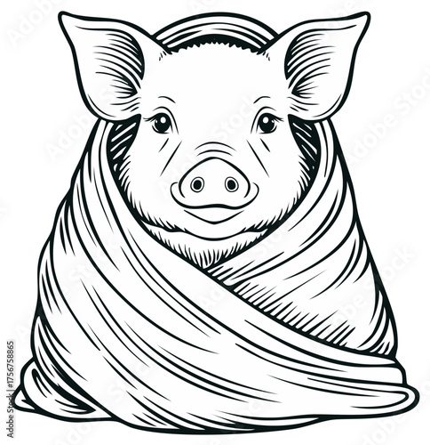 Cute smiling pig wrapped in a cozy blanket, a black and white line art vector illustration