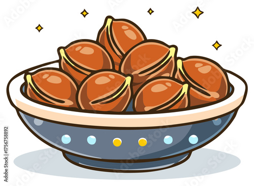 Bowl overflowing with delicious roasted peanuts, sparkling with festive highlights