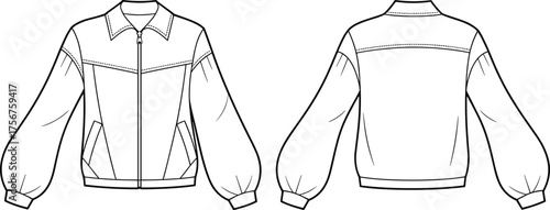 Technical flat sketch vector illustration of a cropped bomber jacket with puff sleeves and collar, front and back view for trendy outerwear design, fashion CAD, and clothing production templates.
