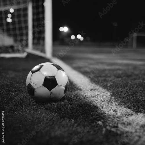 Black and White Photo of a Soccer Ball Near the Goal at Night